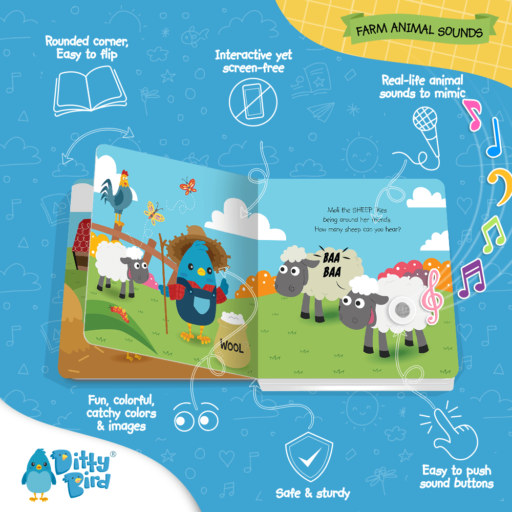 Ditty Bird - Farm Animal Sounds. Engaging Sensory Play: 6-page children's book features built-in buttons that play satisfying “real animal” sounds with every press, turning reading into a sensory-rich, hands-on, interactive adventure for toddlers and preschoolers