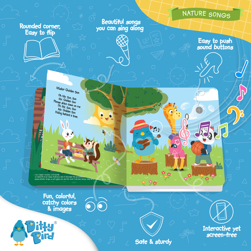 A Ditty Bird Nature Songs sound book is open, showing animals singing and playing music outdoors. Colorful text highlights easy-to-push buttons, a sturdy design, and catchy nature songs. The Ditty Bird logo appears in the corner.