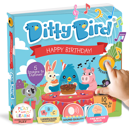 Ditty Bird Happy Birthday: interactive sound books for babies and toddlers. This interactive book brings the excitement of a birthday celebration to life with 10 'sound dots' to explore.