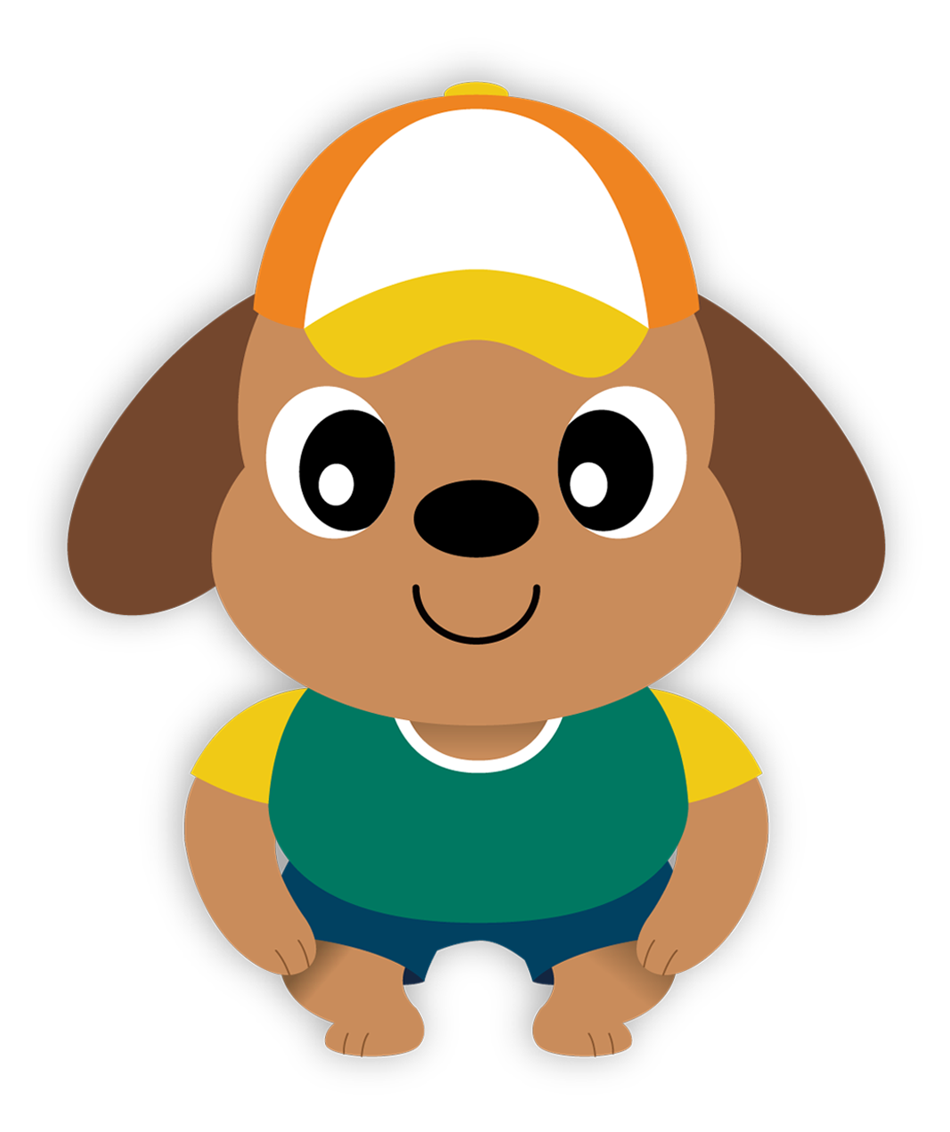 Cartoon illustration of a cute brown dog with big eyes, dressed in bright colors, smiling and standing upright—perfect as an educational toy or featured among musical toys for toddlers 1-3.