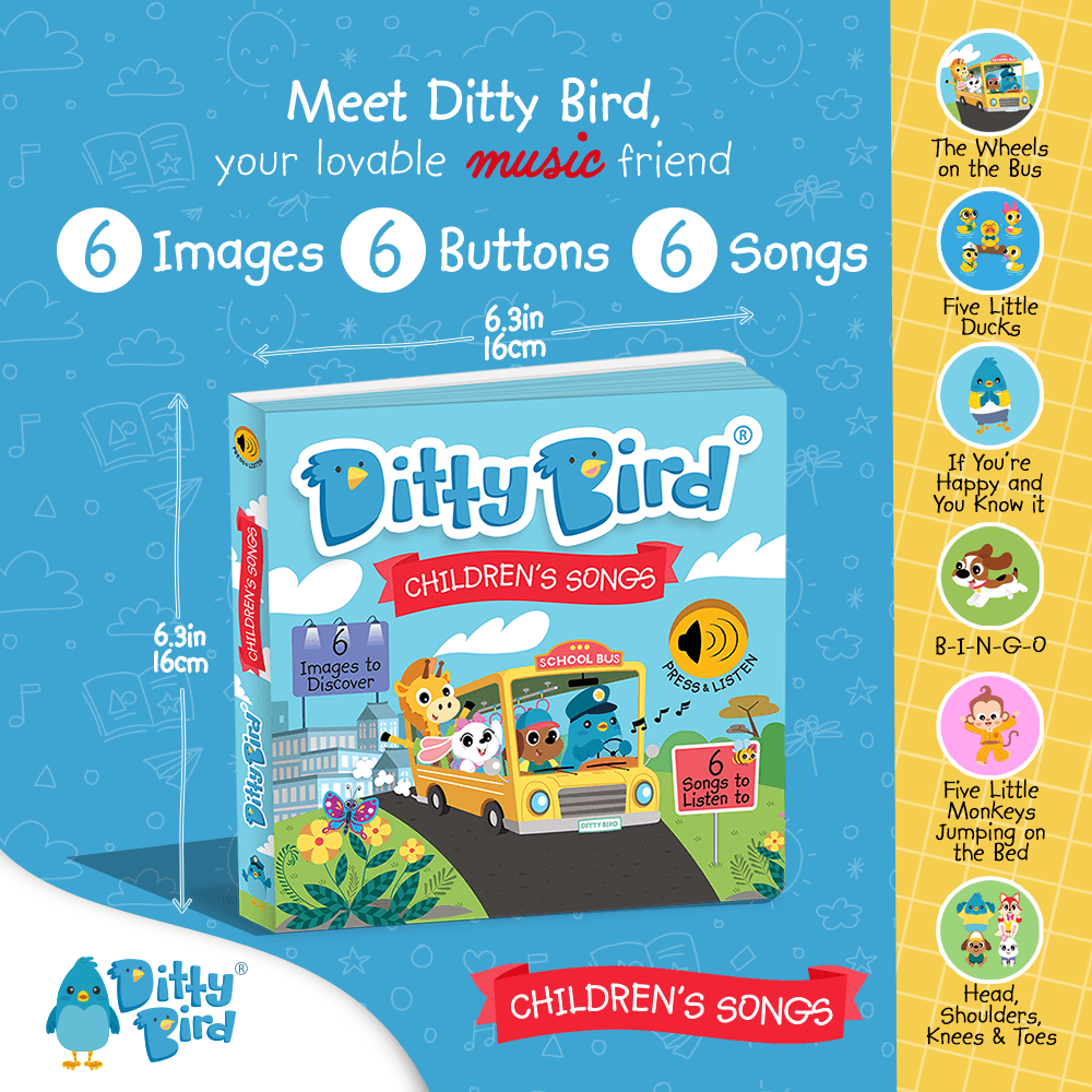 The Books Children’s Songs USB-C rechargeable musical book features a bird on a school bus, 6 images, 6 buttons, and 6 classic kids’ songs like The Wheels on the Bus and If You’re Happy and You Know It.