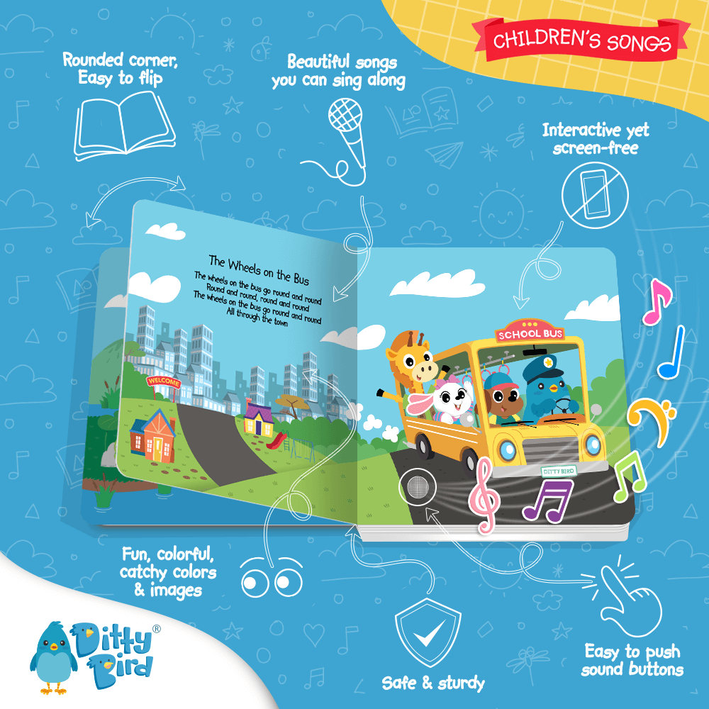 The Books Children's Songs musical book features animal characters on a school bus with a city backdrop. Enjoy “The Wheels on the Bus,” USB-C rechargeability, sound buttons, interactive pages, and easy-flip corners with colorful images.