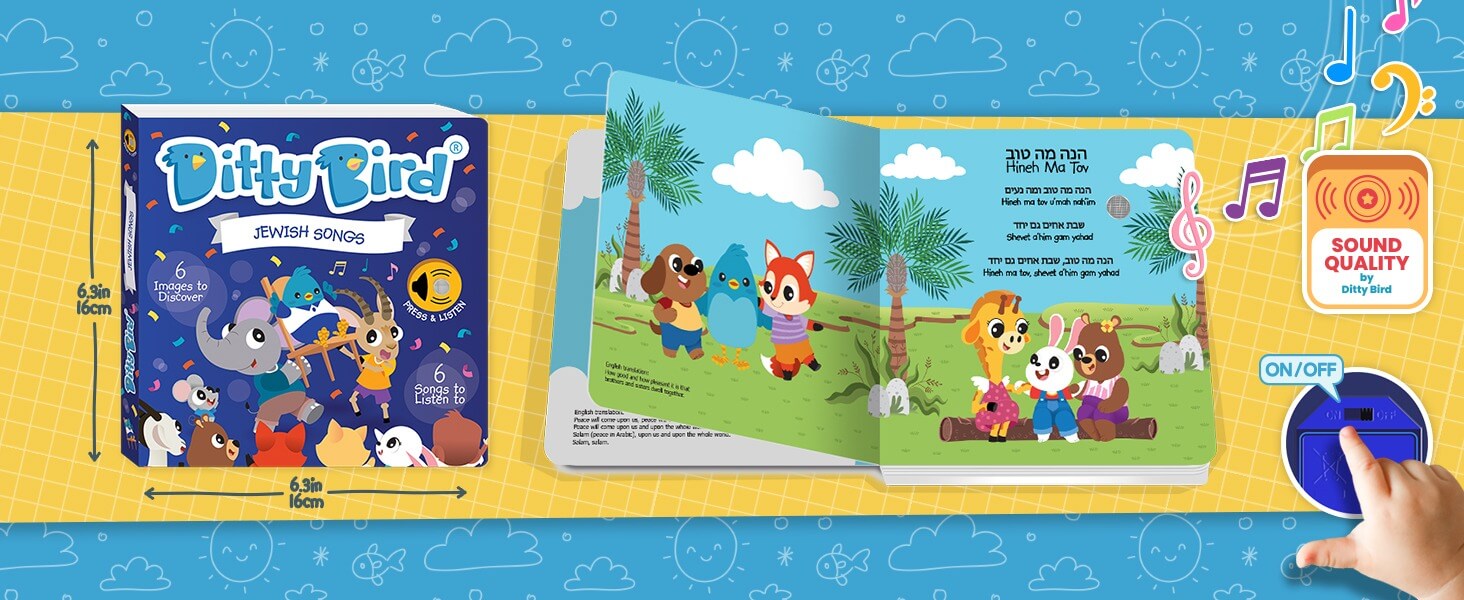 A children’s book titled “Ditty Bird Jewish Songs” features colorful animal characters singing outdoors. This interactive sound book displays Hebrew and English lyrics, while a hand presses the ON/OFF button—an ideal educational toy for baby toys 6-12 months.