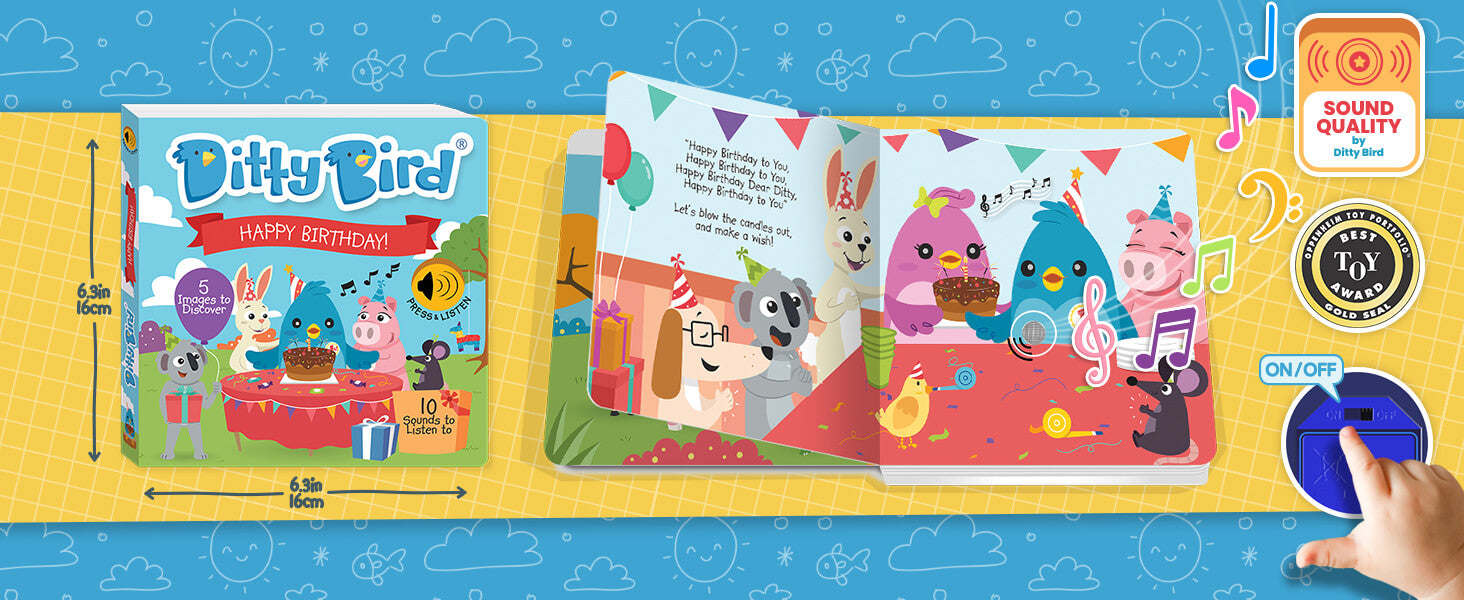 A colorful children’s book titled “Ditty Bird: Happy Birthday!” lies open, showing cartoon animals at a birthday party. A hand presses a button—music notes and sound icons float nearby—making it one of the most delightful interactive sound books.