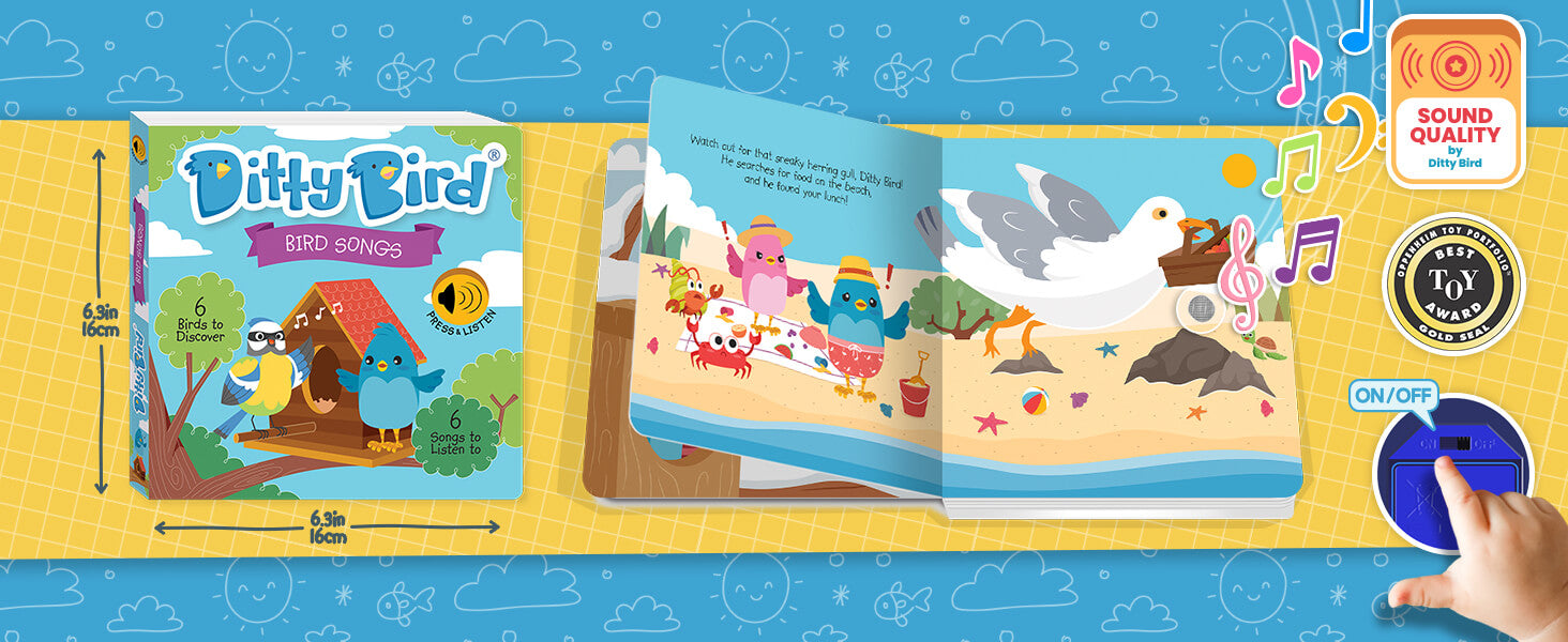 A colorful children’s sound book titled “Ditty Bird Bird Songs” is shown closed and open—an ideal early learning educational toy or first birthday gift. Musical notes, award badges, and a hand pressing an “ON/OFF” switch appear on the vibrant background.