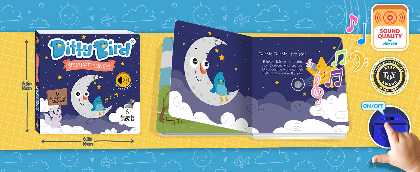 Children’s sound book titled “Ditty Bird Bedtime Songs” showing an open page with a bird and moon, musical notes, and a hand pressing an ON/OFF button—an interactive sound book perfect for early learning or as a first birthday gift.