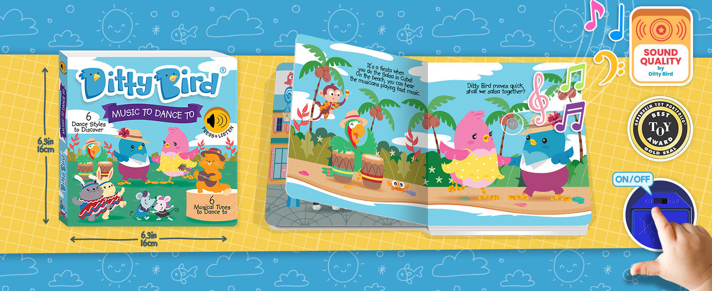Illustration of a Ditty Bird music book for children, showing colorful birds dancing and playing instruments, perfect as a first birthday gift or for early learning. Features a hand pressing an on/off button and icons for sound and award badges.