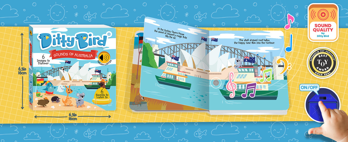 A Ditty Bird “Sounds of Australia” interactive sound book is open to pages showing the Sydney Opera House and Harbour Bridge, with colorful illustrations, music notes, and a finger pressing the book’s sound button—an ideal first birthday gift.