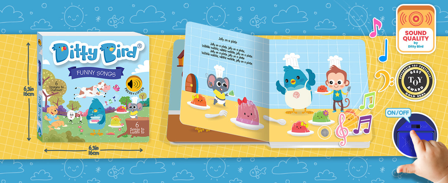 A colorful children’s interactive sound book titled “Ditty Bird: Funny Songs” is open, showing illustrated animals cooking. Musical notes, a sound button, and dimensions (6.5in x 6.5in) are displayed on a yellow background—ideal for early learning fun!.