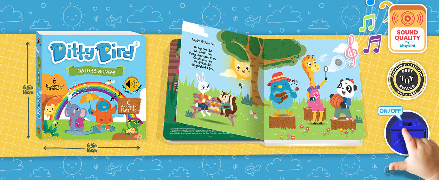 Illustration of a Ditty Bird “Nature Songs” interactive sound book for early learning. The cover and open pages show cartoon animals singing and playing instruments outdoors, while a hand presses the sound button—perfect as a first birthday gift.