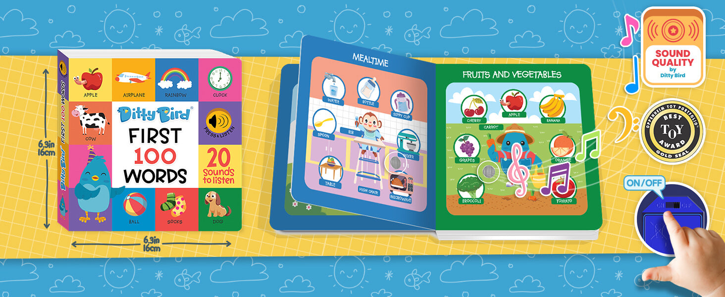 Colorful promotional image showing the Ditty Bird “First 100 Words” interactive sound book for children—perfect as a first birthday gift—open to show illustrated pages, sound buttons, and a child’s hand pressing the blue on/off switch.