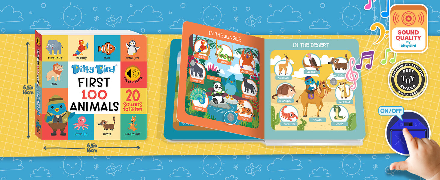A colorful children’s sound book titled “Ditty Bird First 100 Animals” is open, showing animal illustrations labeled “In the Jungle” and “In the Desert.” A hand presses the blue sound button on this interactive sound book—an engaging educational toy for little ones.
