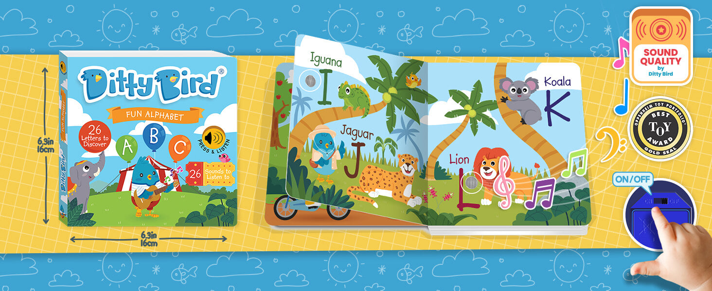 A colorful children’s book titled “Ditty Bird Fun Alphabet” is open to animal-themed pages featuring an iguana, jaguar, lion, and koala. An interactive sound book and educational toy, it lights up learning for toddlers 1-3 with fun music and award badges.