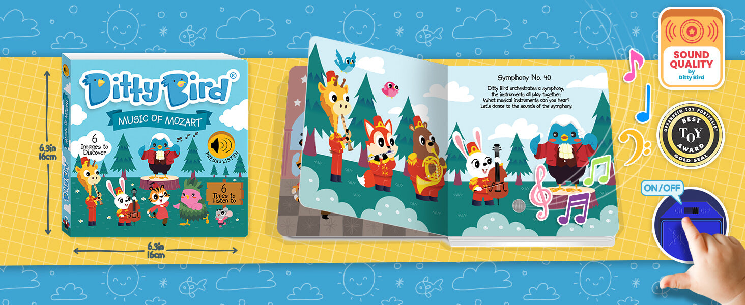 Interactive Ditty Bird “Music of Mozart” interactive sound book shows animal characters playing instruments, sound button feature, and award badges—an ideal first birthday gift and one of the best baby toys 6-12 months on a blue and yellow background.