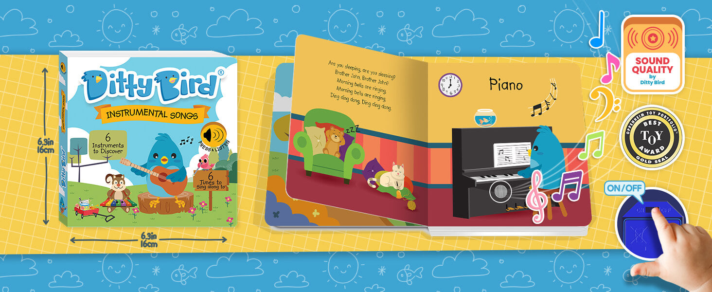 A colorful children’s sound book, “Ditty Bird Instrumental Songs,” is shown with its cover and open page featuring animals, a piano, and musical notes—an ideal educational toy and one of the best musical toys for toddlers 1-3.