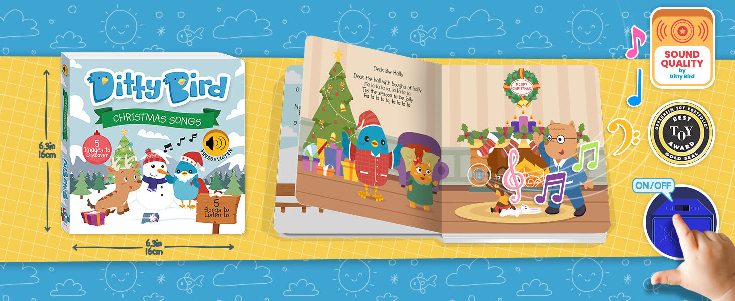 A Ditty Bird Christmas Songs interactive sound book with a festive cover is shown open, featuring illustrated animals singing by a Christmas tree—a delightful educational toy perfect for baby toys 6-12 months. A hand presses the on/off button, music notes nearby.