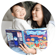 A smiling woman and child sit together, holding and reading a colorful Ditty Bird interactive sound book—an educational toy perfect for baby toys 6-12 months—enjoying a playful and happy moment.