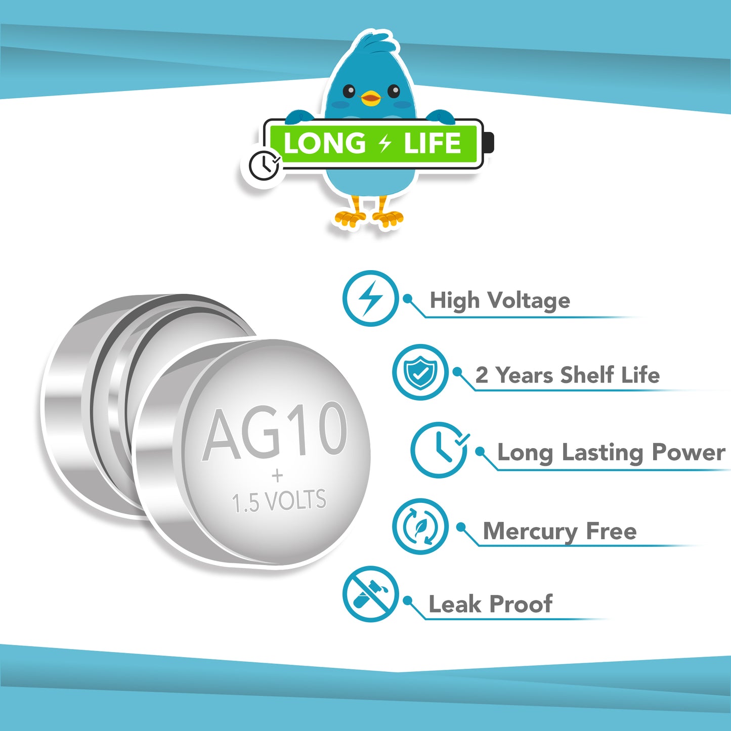 The Ditty Bird AG10 Battery Replacement Kit includes two silver button cells. Features: high voltage, 2-year shelf life, mercury free, leak proof, long-lasting power—ideal as Ditty Bird replacement batteries. Cartoon blue bird holds “Long Life” icon above.