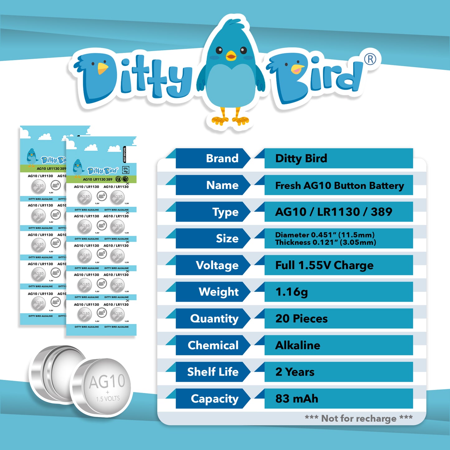 Infographic for Ditty Bird AG10 Battery Replacement Kit shows pack, brand logo, battery details: AG10/LR1130/389 button cell, 1.55V alkaline, 83mAh, 1.16g each, pack of 20, 2-year shelf life. Not rechargeable.