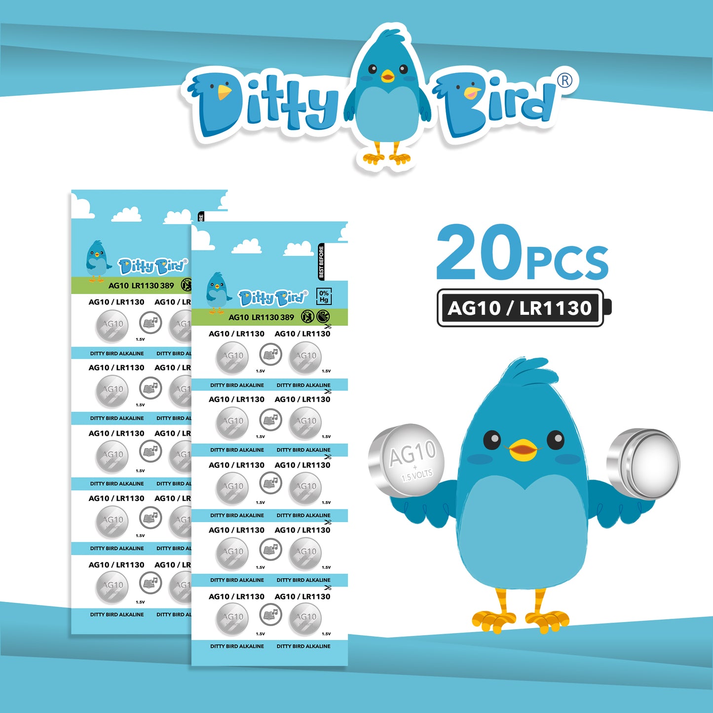 Packaging for Ditty Bird's AG10 Battery Replacement Kit shows a blue cartoon bird mascot holding a battery. It includes 20 AG10 button cell batteries in two strips, with "20 PCS" and battery type clearly displayed on the package.