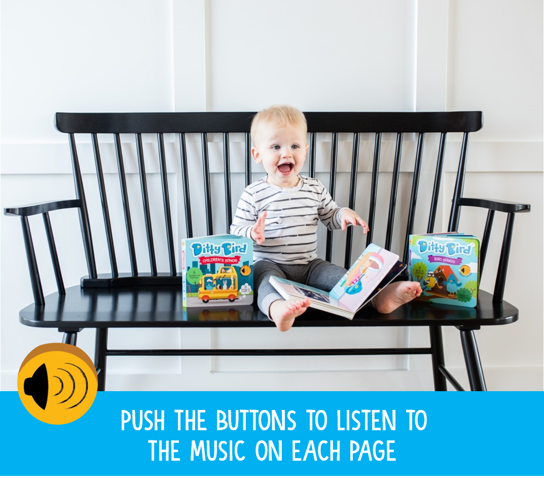 A smiling toddler sits on a black bench with an open Ditty Bird Action Songs sound book and two Ditty Bird music books. A banner reads, "Push the buttons to listen to fun interactive kids songs on each page.
