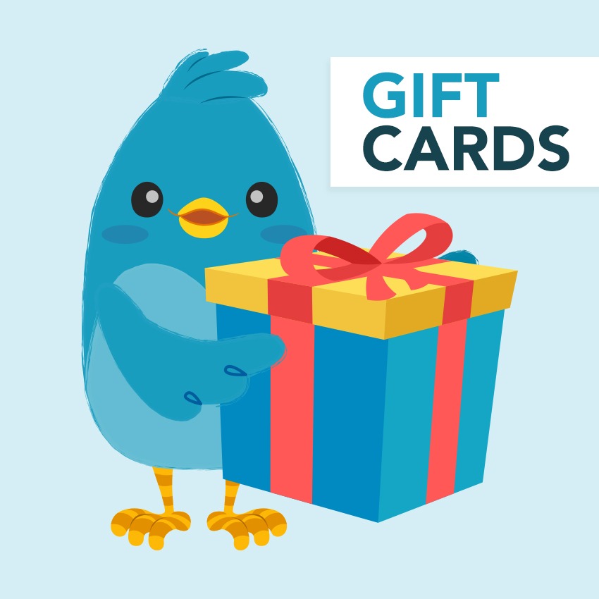 A cheerful blue Ditty Bird cartoon holds a wrapped gift box with a red ribbon. In the top right, a white sign says "DIGITAL GIFT CARD" in bold blue and gray—a perfect Gift Card from Ditty Bird for kids’ book lovers!.