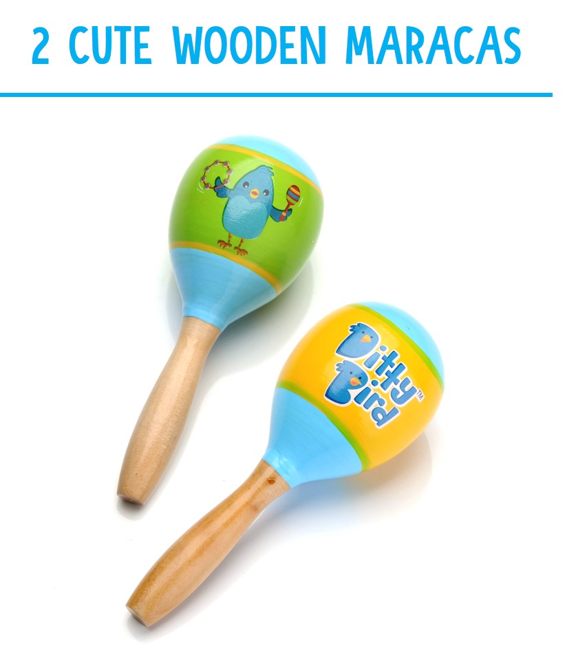 Two colorful wooden maracas with light brown handles—one with a blue bird and the other with Ditty Bird. A perfect baby shower gift or a great match for the Ditty Bird Gift Set - Instrumental Songs for toddlers.