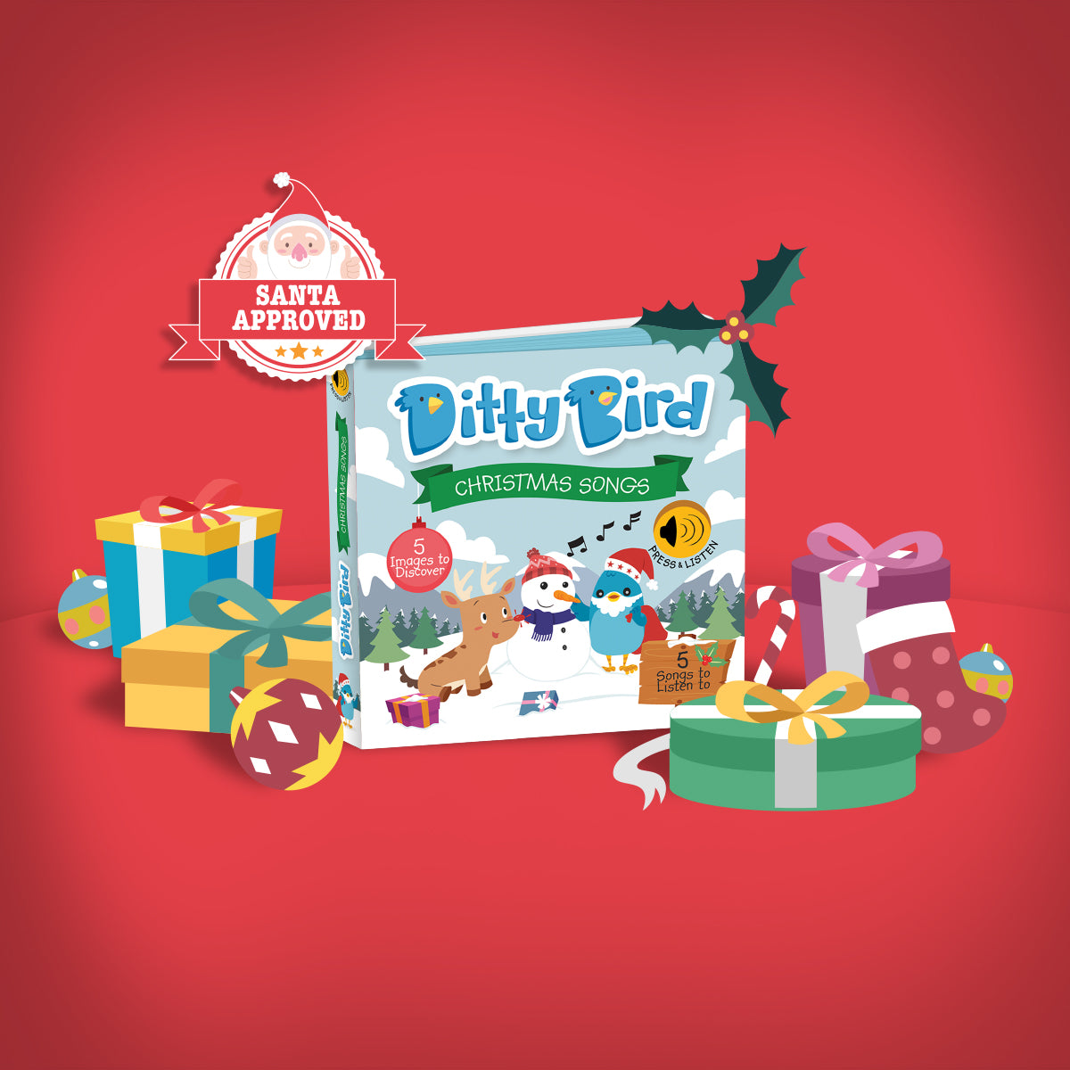 Ditty Bird's Christmas Songs book, featuring festive illustrations, sits among colorful presents on a red background. A "Santa Approved" badge appears in the top left corner, making it the ideal holiday book for toddlers.