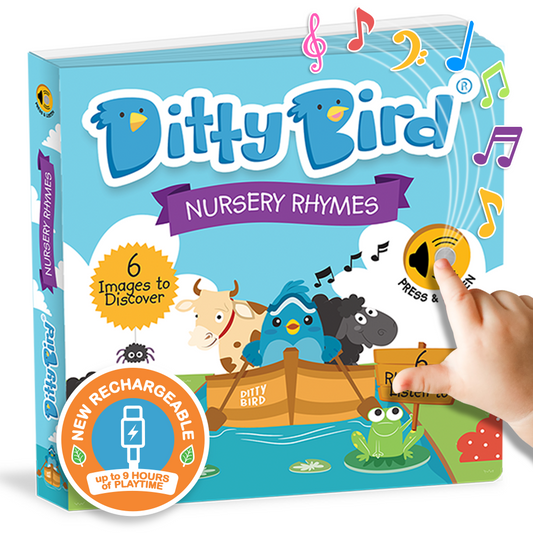Ditty Bird bestselling nursery rhymes musical sound book with colorful design and hand pressing a button featuring a new USB-C rechargeable function for 9 hours of playtime