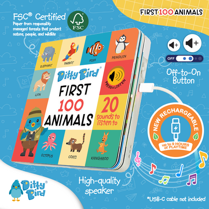 Square image of Ditty Bird's 100 Animals Sound Book | USB-C rechargeable. Cover shows cartoon elephant, penguin, and kangaroo. Labels highlight 20 animal sounds, FSC certification, USB-C charging, and musical notes.
