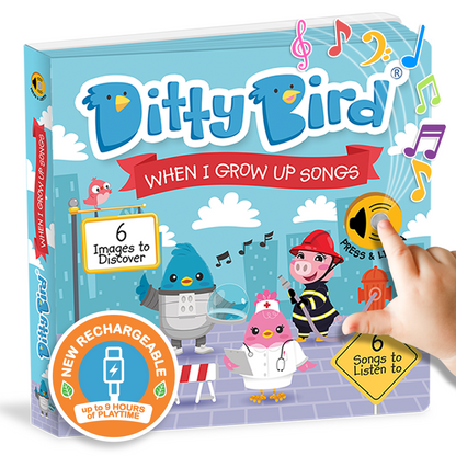 Ditty Bird children's book with colorful illustrations and a hand pressing a button.