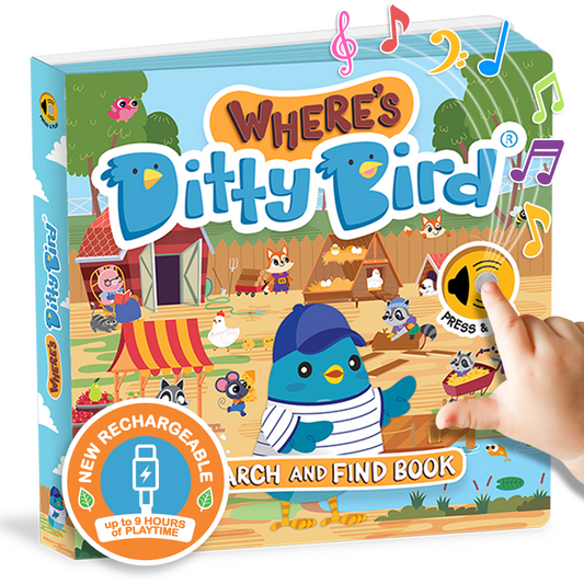 Ditty Bird latest release called WHERE IS DITTY BIRD? is a Look and Find sound book for endless fun, featuring a new USB-C rechargeable function for 9 hours of playime