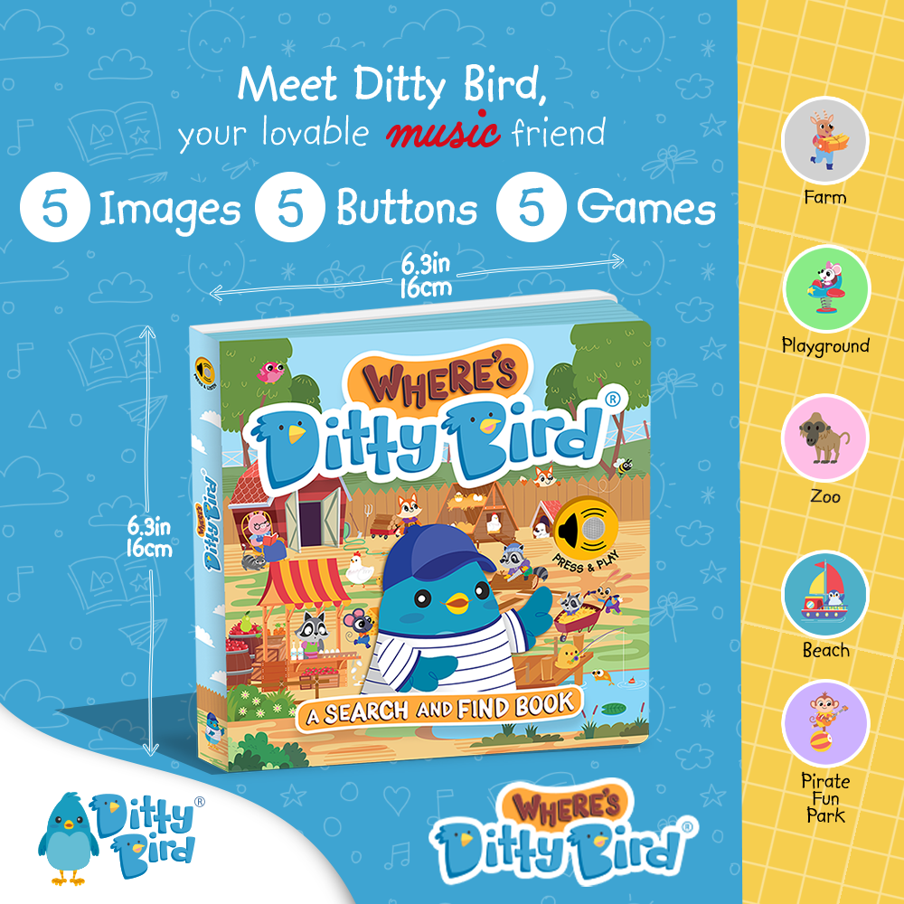 Promotional image for Ditty Bird's NEW! Where's Ditty Bird? Search & Find book (USB-C rechargeable), showing the colorful cover, 5 images, 5 buttons, and 5 games. Sidebar features Farm, Playground, Zoo, Beach & Pirate Fun Park icons.