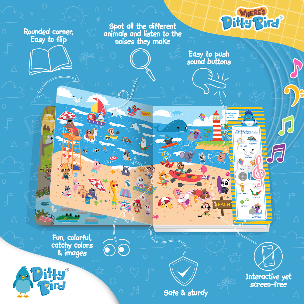 Colorful illustration of NEW! Where's Ditty Bird? Search & Find by Ditty Bird, an interactive sound book with playful animals at the beach, music notes, easy sound buttons, rounded corners, sturdy screen-free design, and USB-C rechargeable.