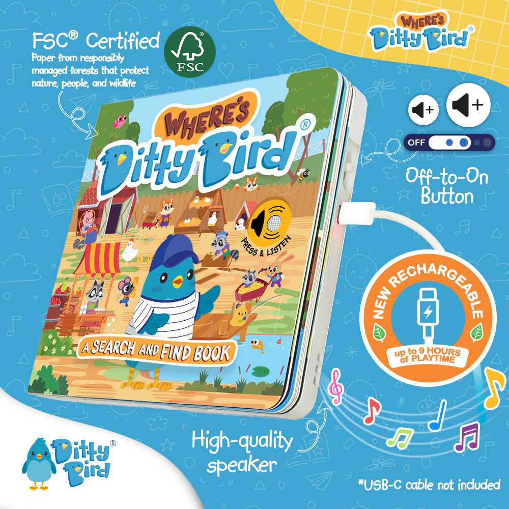Colorful promo image for Ditty Bird’s NEW! Where’s Ditty Bird? Search & Find—an interactive, USB-C rechargeable sound book with cartoon blue bird, FSC Certified paper, high-quality speaker, and playful musical notes.