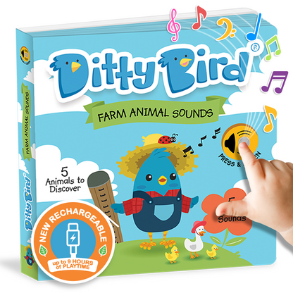 Ditty Bird farm animal sounds book with a hand pressing a button