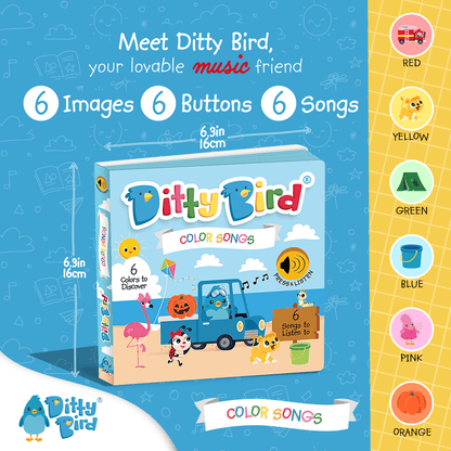 Square image of Ditty Bird’s Color Songs | AG10 model, designed for preschoolers to learn colors. Features 6 buttons with playful animal and bluebird illustrations; each button plays a fun color song. Text highlights 6 images, 6 buttons, and 6 songs.