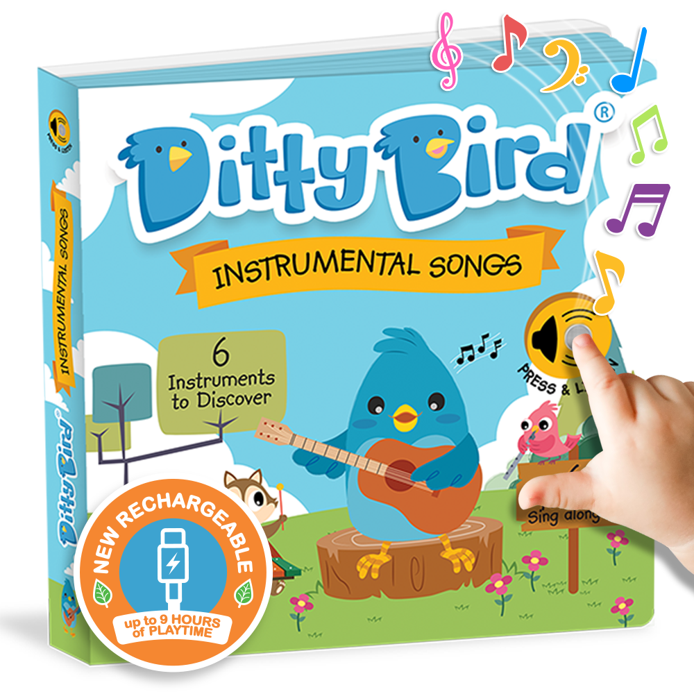 Ditty Bird instrumental songs book with a hand pressing a button, on a white background