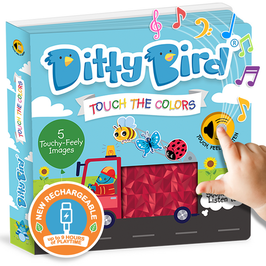 Ditty Bird’s “Touch the Colors | USB-C rechargeable” is a children’s sensory sound book with colorful illustrations of a truck, insects, and musical notes. A child’s hand touches a yellow button, showcasing its interactive learning feature.