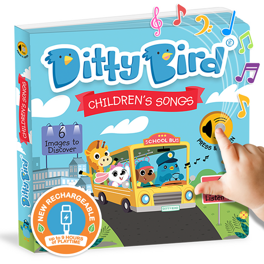 Ditty Bird bestseller children's songs musical sound book with colorful design and hand pressing a button featuring a new USB-C rechargeable function for 9 hours of playtime