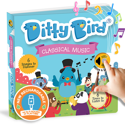 Ditty Bird classical music book with colorful design and hand pressing a button