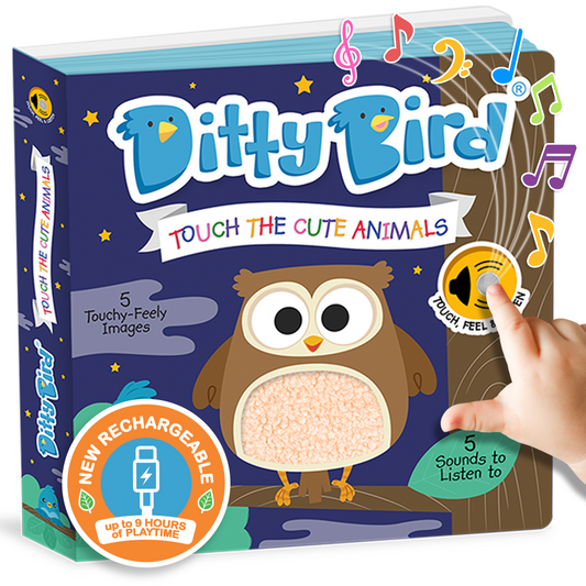 Ditty Bird’s “Touch the Cute Animals” is a USB-C rechargeable children’s sound book featuring an owl illustration, touch-and-feel patch, and yellow sound button—ideal for multisensory learning and exploring animal sounds.