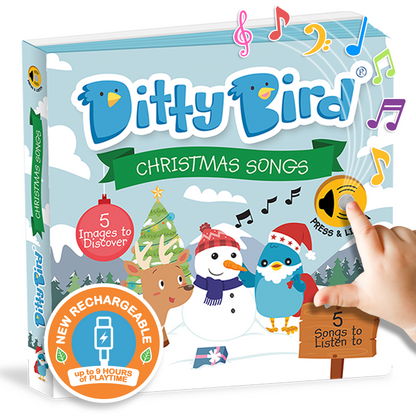 Ditty Bird Christmas Songs book with colorful illustrations and a hand pressing a button.