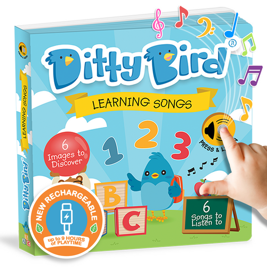 Ditty Bird learning songs musical sound book with colorful design and hand pressing a button featuring a new USB-C rechargeable function for 9 hours of playtime