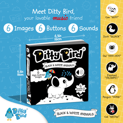 List of Sounds in Ditty Bird Black & White Animals. 6 animal sounds to discover.