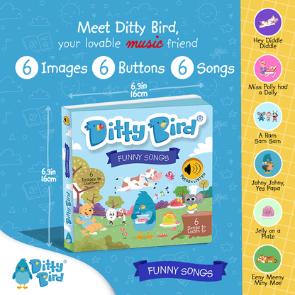List of Ditty Bird Funny Songs, includes Jelly on a plate, A ram sam sam, Hey diddle diddle and more 