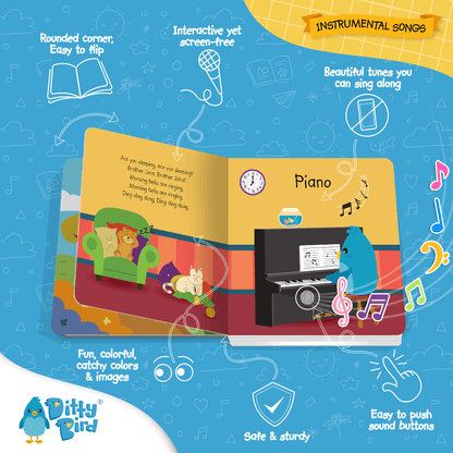 Ditty Bird’s "Instrumental Songs" is an illustrated children’s sound book featuring a lion sleeping on a chair and a blue bird at a piano. Colorful icons invite musical exploration with playful text, vibrant backgrounds, and interactive features.