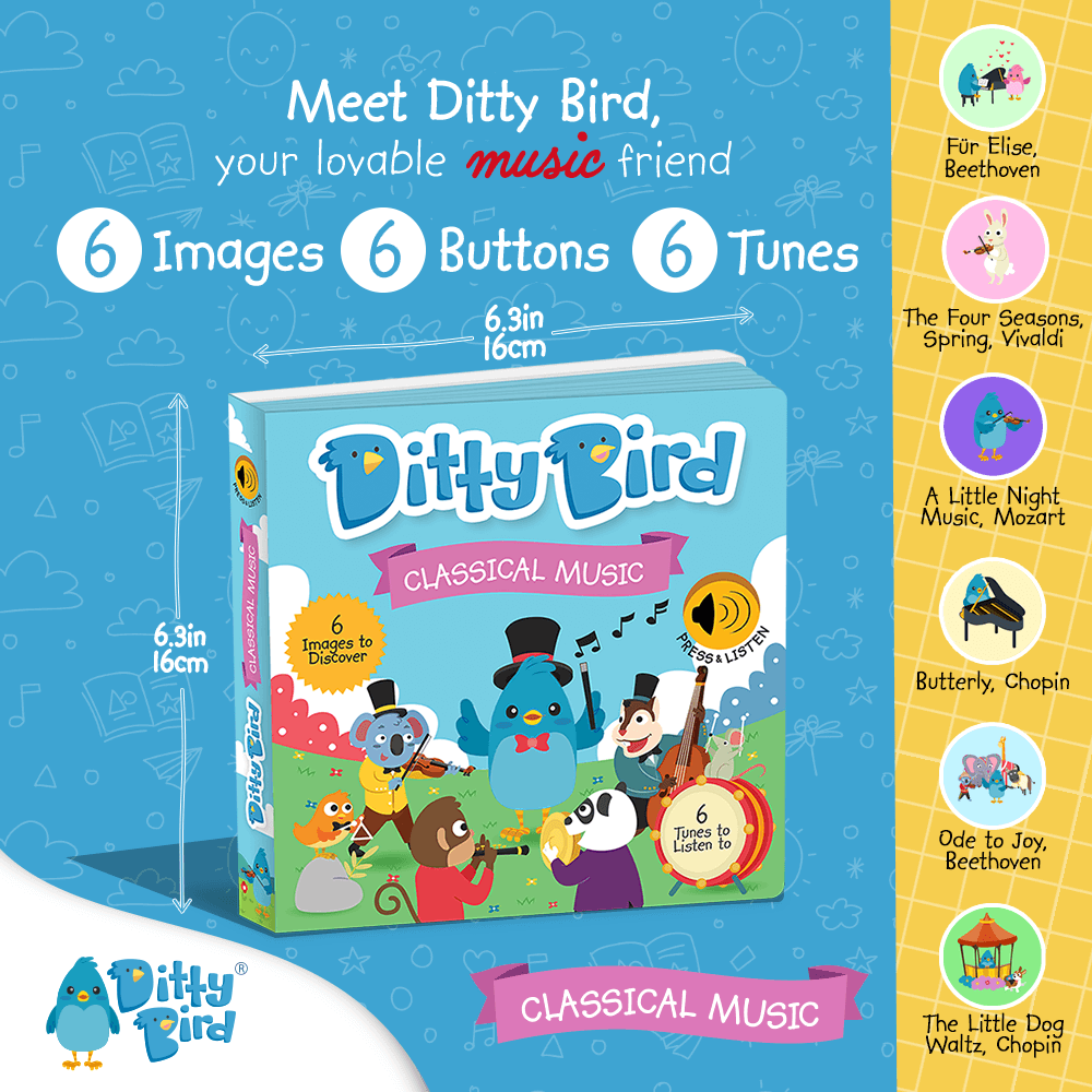 Square image of Ditty Bird's Classical Music sound book in blue, featuring colorful illustrations. Side panel lists classical tunes by Beethoven, Mozart, and Chopin. Includes 6 images, buttons, and tunes—ideal for children's cognitive growth.