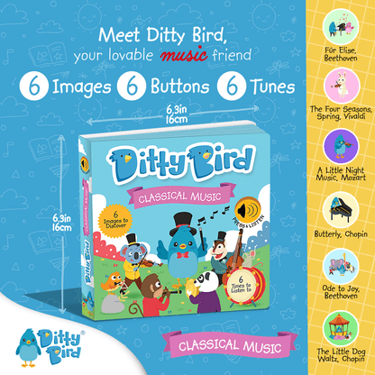 Square image of Ditty Bird's Classical Music sound book in blue, featuring colorful illustrations. Side panel lists classical tunes by Beethoven, Mozart, and Chopin. Includes 6 images, buttons, and tunes—ideal for children's cognitive growth.