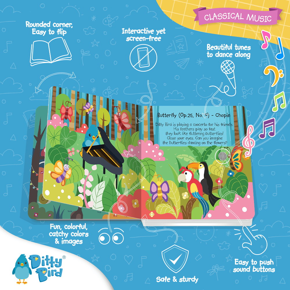 A Ditty Bird "Classical Music" children’s book is open to a forest page with bright illustrations. Informational callouts show music for children, sound buttons, and the book’s safe, rounded corners.